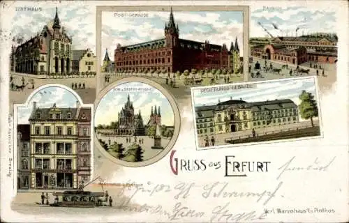 Litho Erfurt in Thüringen, Rathaus, Regierungsgebäude, Bahnhof, Dom, Post