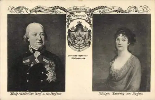 Ak König Maximilian Josef I. von Bayern, Königin Karoline von Bayern, Wappen Königreich Bayern