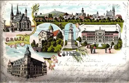 Litho Cöthen Köthen in Anhalt, Rathaus, Schloss, Denkmal, Kirche