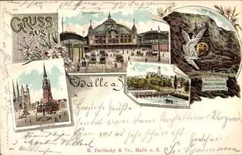 Litho Halle Saale, Zentralbahnhof, Marktplatz, Kaiser Denkmal