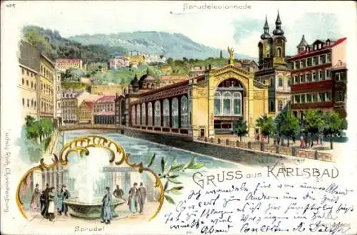 Litho Karlovy Vary Karlsbad Stadt, Sprudel, Sprudelkolonnade