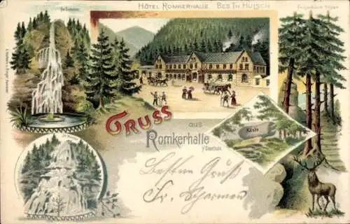 Litho Goslar in Niedersachsen, Hotel Romkerhalle, Okertal, Wasserfall, Feigenbaumklippe, Hirsch