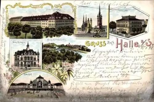 Litho Halle an der Saale, Frankestiftung, Rathaus, Moritzburg, Universität, Burg Giebichenstein