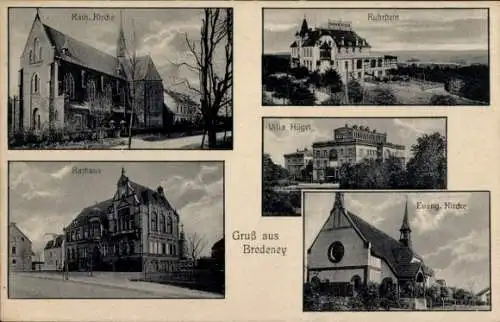 Ak Bredeney Essen im Ruhrgebiet, Villa Hügel, Kirche, Rathaus, Ruhrstein