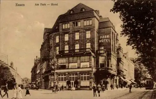 Ak Essen im Ruhrgebiet, am Park Hotel, Straßenbahn