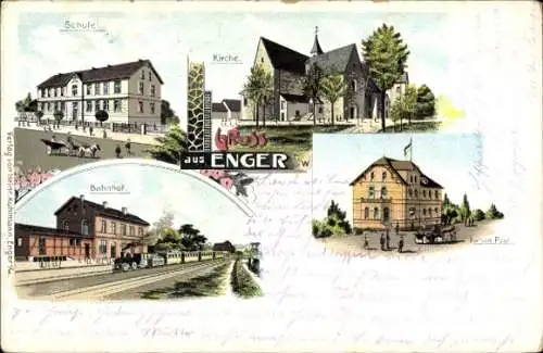 Litho Enger in Westfalen, Schule, Kirche, Bahnhof, Kaiserl. Postamt