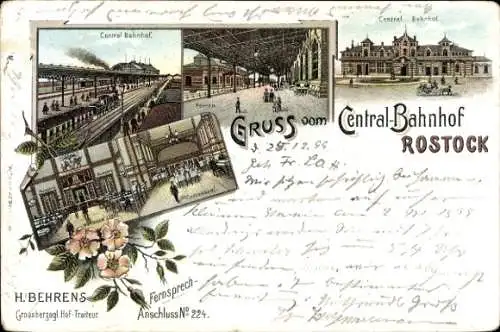 Litho Rostock in Mecklenburg, Zentralbahnhof, Innenansicht, Bahnsteig, Gleisseite, Speisesaal