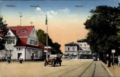 Ak Cottbus in der Niederlausitz, Bahnhof, Bahnpostamt, Straßenbahn