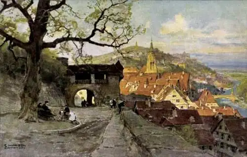 Künstler Ak Compton, Edward Harrison, Tübingen am Neckar, Blick von der Schlosslinde aus