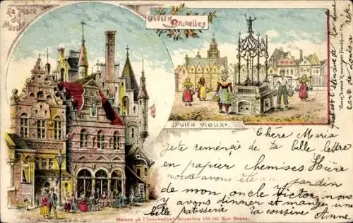 Litho Brüssel Brüssel, Place du Marche, Alter Brunnen