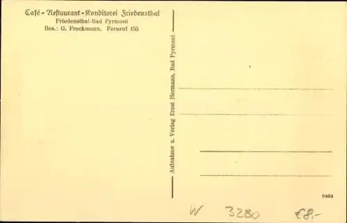 Ak Bad Pyrmont in Niedersachsen, Kaffee Restaurant Friedensthal, Bes. G. Freckmann