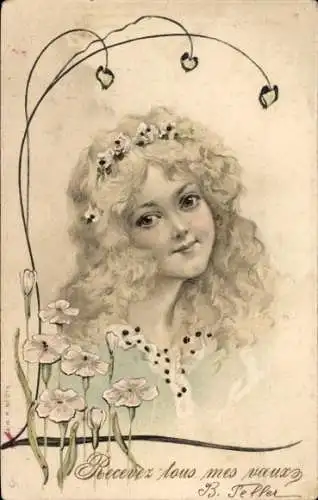 Jugendstil Litho Portrait von einem blonden Mädchen