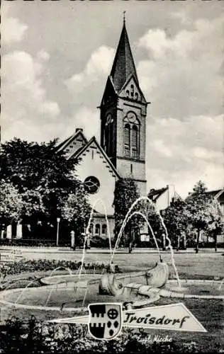 Ak Troisdorf an der Sieg, Wappen, evangelische Kirche, Wasserspiel