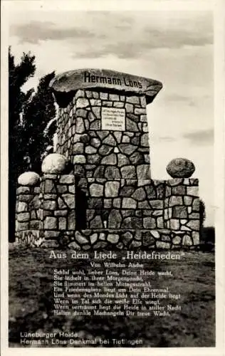 Ak Tietlingen Walsrode in der Lüneburger Heide, Hermann Löns Denkmal, Heidefrieden Lied v. W. Asche