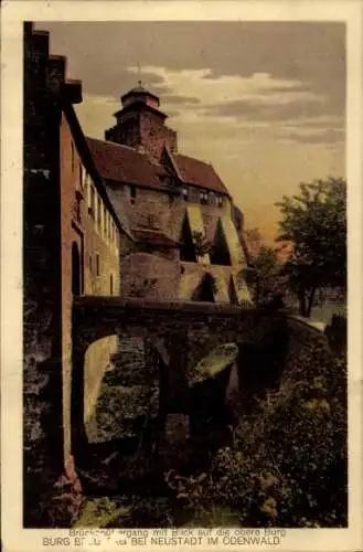 Ak Neustadt Breuberg im Odenwaldkreis, Brückenübergang mit Blick auf die obere Burg