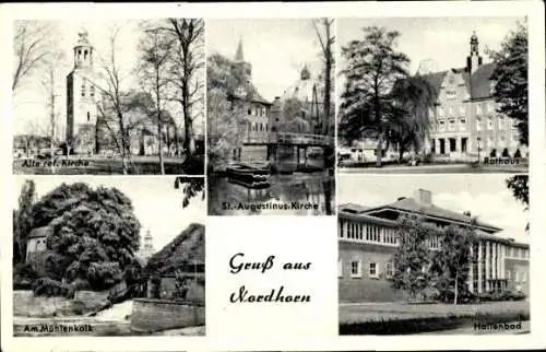 Ak Nordhorn in der Grafschaft Bentheim, alte ref. Kirche, Mühlenkalk, Hallenbad, Rathaus