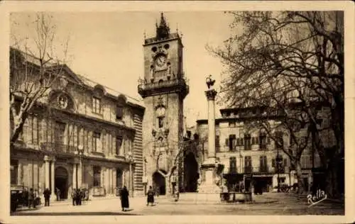 Ak Aix en Provence Bouches du Rhône, Place de Hotel de Ville, Beffroi