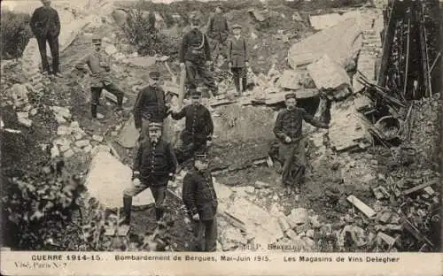 Ak Bergues Nord, Bombardement Mai-Juin 1915, Les Magasins de Vins Delegher, 1. Weltkrieg