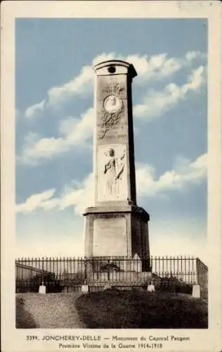 Ak Joncherey Delle Territoire Belfort, Monument Caporal Peugeot, erstes Opfer des Krieges 1914-1918