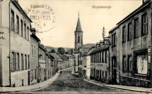 Ak Lößnitz Lössnitz im Erzgebirge, Hospitalstraße, Kirchturm