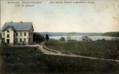 Ak Neustädtel Schneeberg im Erzgebirge, Bergsee Filzteich, Restaurant Waldschlösschen