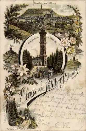 Litho Annaberg Buchholz Erzgebirge, Pöhlberg, Aussichtsturm, Galgenberg, Panorama vom Ort