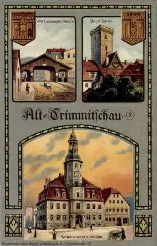 Litho Crimmitschau in Sachsen, Roter Turm, gedeckte Brücke, Rathaus, Stadtrechtsfeier 1914