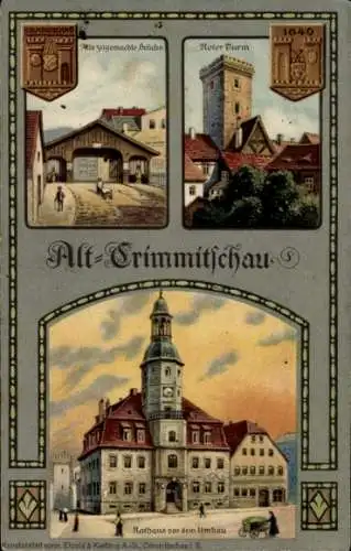 Litho Crimmitschau in Sachsen, Roter Turm, gedeckte Brücke, Rathaus, Stadtrechtsfeier 1914