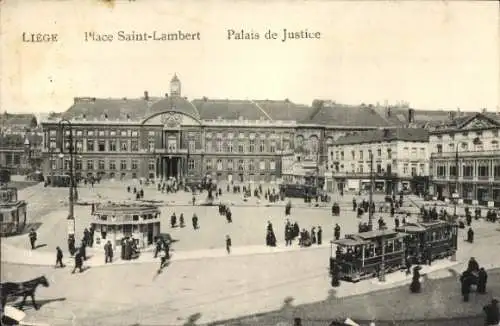 Ak Liège Lüttich Wallonien, Place St. Lambert, Palais de Justice, Straßenbahn