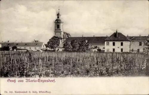 Ak Maria Enzersdorf Niederösterreich, Teilansicht, Feld, Kirche