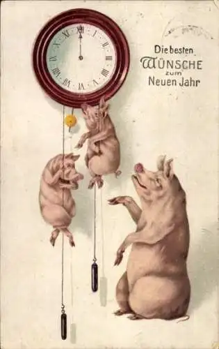 Ak Glückwunsch Neujahr, Schweine, Uhr