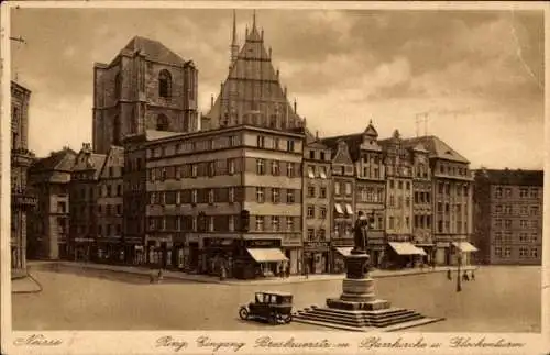 Ak Nysa Neisse Schlesien, Ring, Eingang Breslauer Straße, Pfarrkirche, Glockenturm