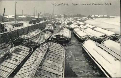 Ak Gröba Riesa an der Elbe Sachsen, Neuer Hafen, Chemische Fabrik, Winter