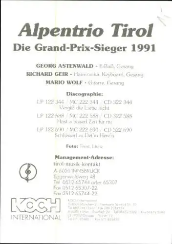 Ak Schauspieler Alpentrio Tirol, Portrait, Autogramm, Sänger, Grand-Prix-Sieger 1991