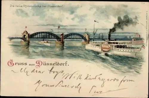 Litho Düsseldorf am Rhein, Neue Rheinbrücke, Dampfer