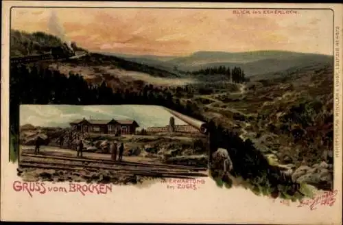 Künstler Litho Spindler, E., Brocken Nationalpark Harz, Bahnhof, Fahrgäste, Eckerloch