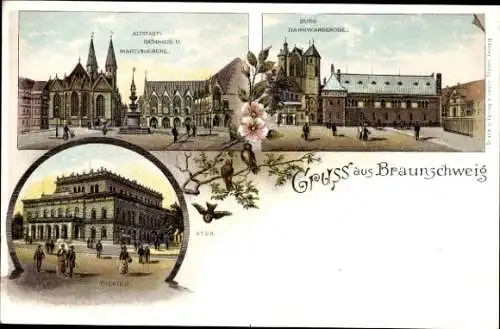 Litho Braunschweig in Niedersachsen, Rathaus, Martinikirche, Theater, Burg Dankwarderode