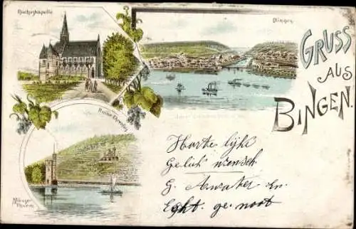 Litho Bingen am Rhein, Rochuskapelle, Mäuseturm, Ruine Ehrenfels, Panorama v