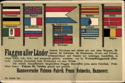 Ak Hannover in Niedersachsen, Flaggen aller Länder, Hannoversche Fahnen-Fabrik, Franz Reinecke