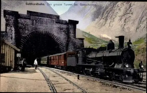 Ak Gotthardbahn, Großer Tunnel bei Goeschenen, Dampflokomotive