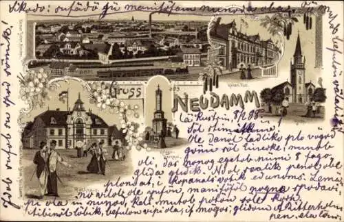 Litho Dębno Neudamm Neumark Ostbrandenburg, Panorama, Kirche, Post, Rathaus, Kriegerdenkmal