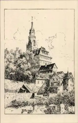 Künstler Ak Tübingen am Neckar, Alte Aula, Hölderlinturm