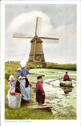 Ak Overzetveer Volendam Nordholland Niederlande, Volkstrachten, Windmühle