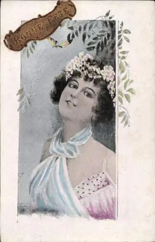 Künstler Ak Portrait einer Frau, Blumen in Haaren, Schmetterling