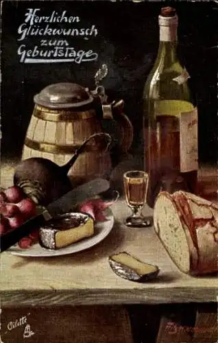 Künstler Ak Hildebrandt, Fritz, Glückwunsch Geburtstag, Stillleben, Brot, Käse, Rettich, Bier, Wein