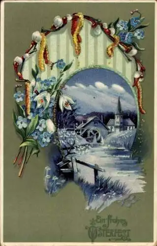 Präge Litho Glückwunsch Ostern, Weidenkätzchen, Wassermühle, Vergissmeinnicht