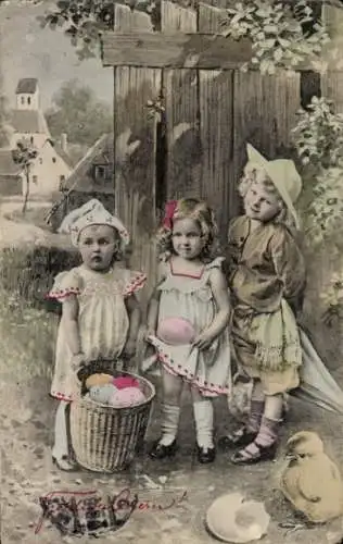 Ak Glückwunsch Ostern, Kinder mit Ostereiern, Küken