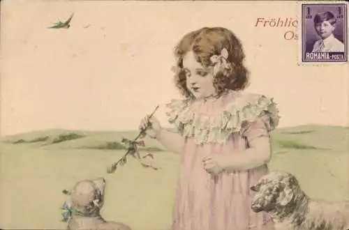 Litho Glückwunsch Ostern, Mädchen, Lämmer, Weidenkätzchen
