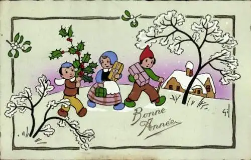 Künstler Ak Glückwunsch Neujahr, Kinder, Stechpalme, Mistelzweige