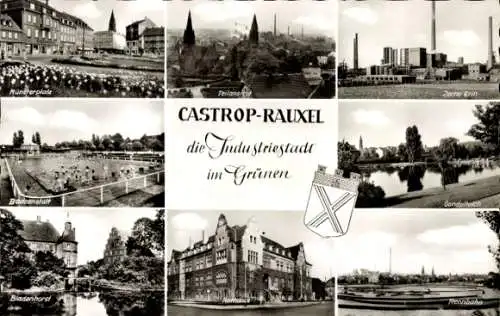 Ak Castrop Rauxel, Münsterplatz, Badeanstalt, Zeche Erin, Rennbahn, Rathaus, Bladenhorst